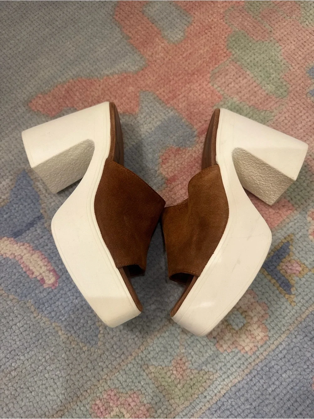 Free People Brown Suede Platform Mule Sandals with White Block Heel